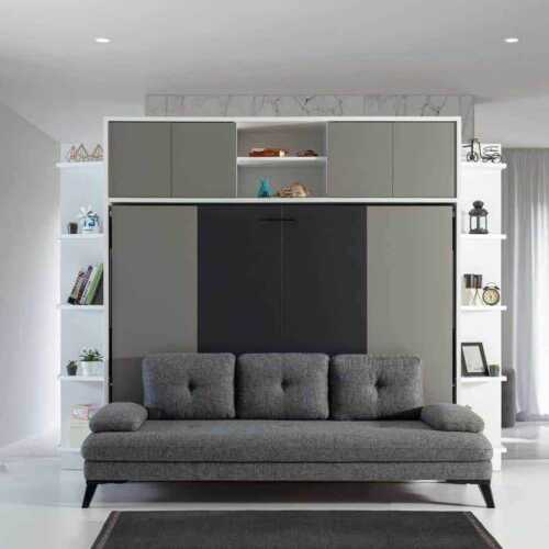 Lit escamotable luxul | Lit escamotable horizontal 2 places avec canape gri